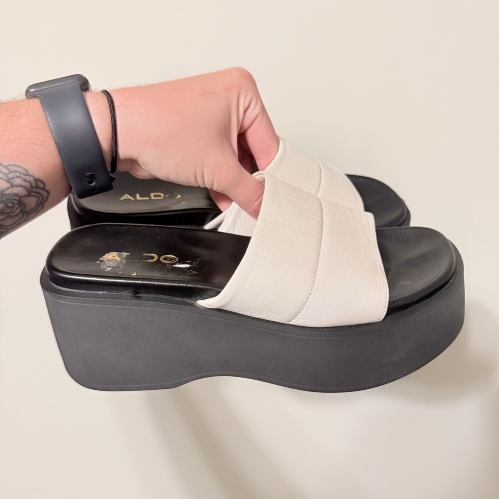Aldo Women Y2K Chunky Platform Slide Sandals Cream Black Wedge Mules Size 7.5
